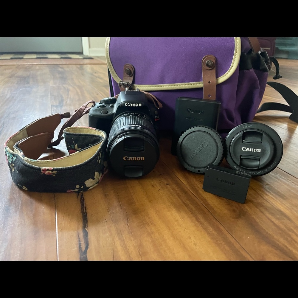 Canon EOS Rebel SL1 camera and bag.